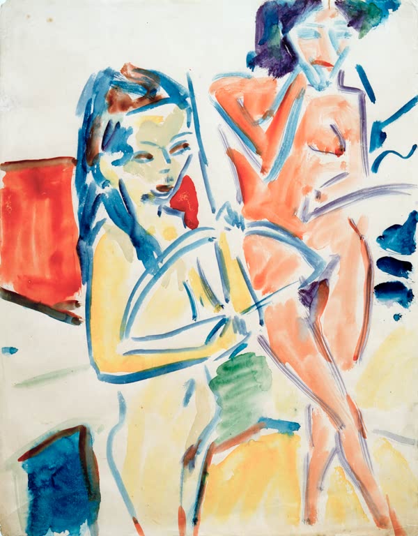 Zwei Figuren in Blau, Orange und Rot, in leuchtendem Aquarell – Ernst Ludwig Kirchner Fränzi mit Bogen und Akt Kunstkopie