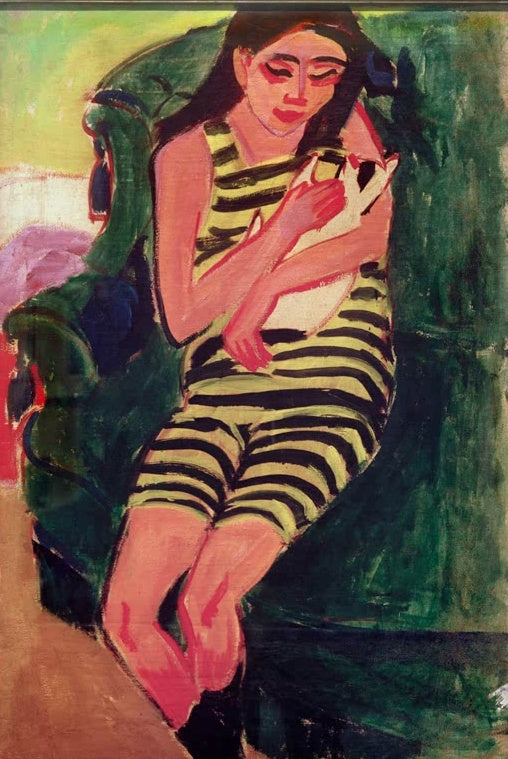 Mädchen im gestreiften Badeanzug hält eine Katze im grünen Sessel – Ernst Ludwig Kirchner Fränzi mit Katze Kunstkopie