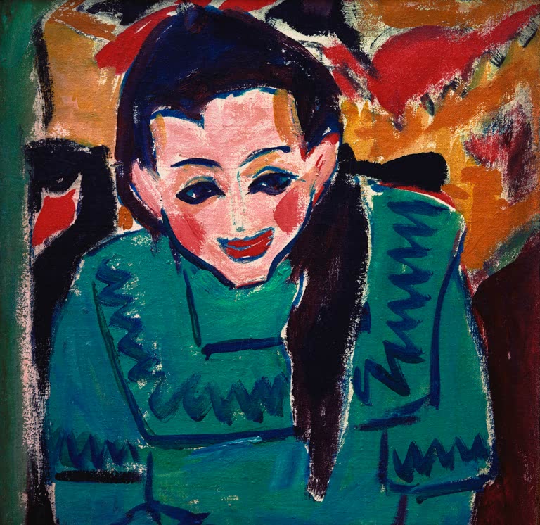 Porträt eines Mädchens mit schwarzem Haar und grünem Pullover – Ernst Ludwig Kirchner Fränzi Kunstkopie