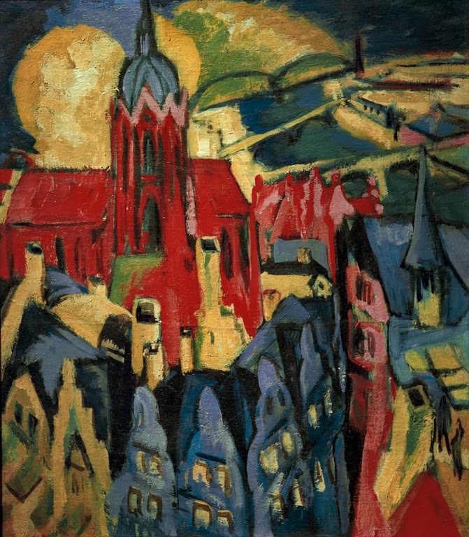 Rote Domkirche zwischen dunklen Häusern vor gelber Sonne – Ernst Ludwig Kirchner Frankfurter Dom Kunstkopie