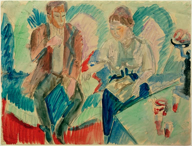 Mann und Frau sitzend, lockere Aquarellfarben in Grün und Rot – Ernst Ludwig Kirchner Franz und Maria Marc Kunstkopie