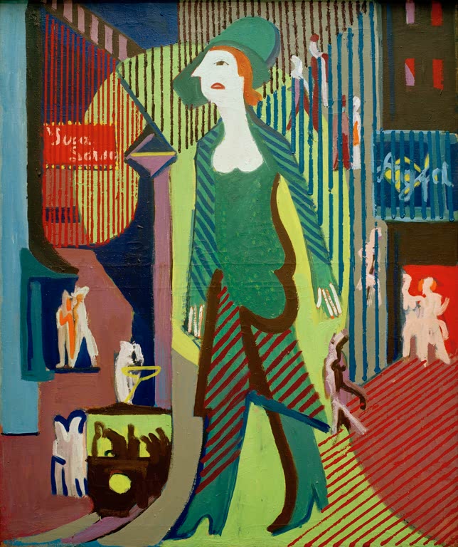 Frau in grünem Kleid geht über nächtliche Straße – Ernst Ludwig Kirchner Frau geht über nächtliche Straße Kunstkopie