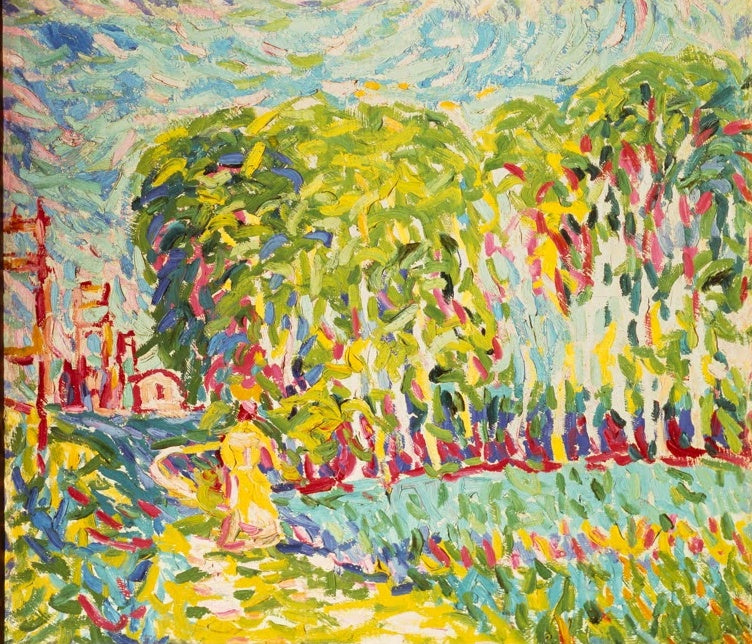 Birkengruppe an einem Teich in Pinselstrichen aus Gelb und Grün – Ernst Ludwig Kirchner Frau in einem Birkenwald Kunstkopie