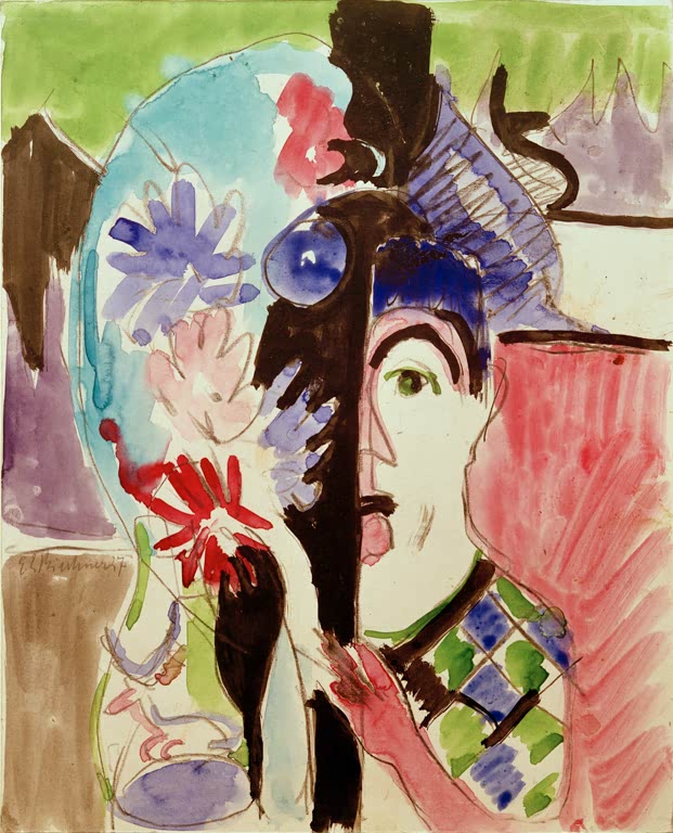 Frauenkopf im Halbprofil neben blauen und roten Blumen, in Aquarellfarben – Ernst Ludwig Kirchner Frau mit Blumen Kunstkopie