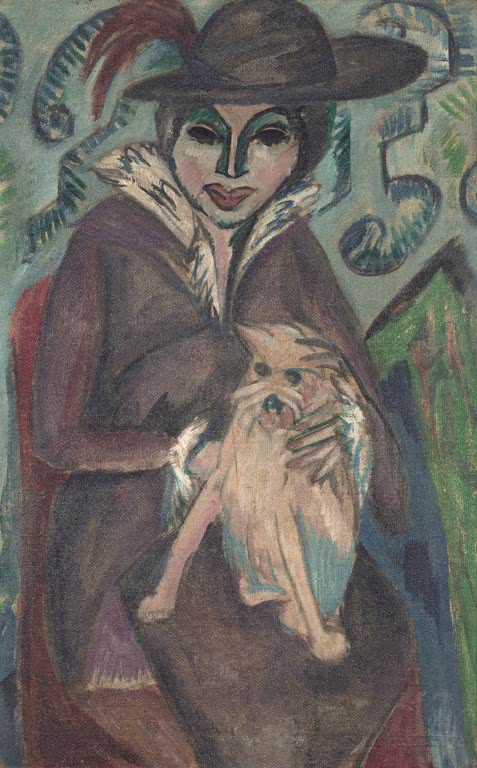 Frau mit Hut und Pelzkragen hält einen kleinen Hund auf dem Arm – Ernst Ludwig Kirchner Frau mit Hund I Kunstkopie