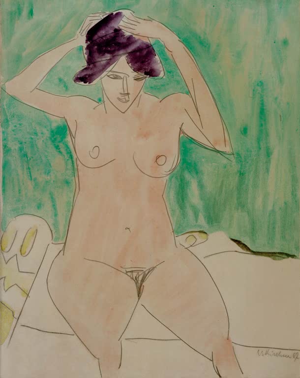 Nackte Frau mit violettem Hut vor grünlich getöntem Hintergrund – Ernst Ludwig Kirchner Frau mit Hut Dodo Kunstkopie