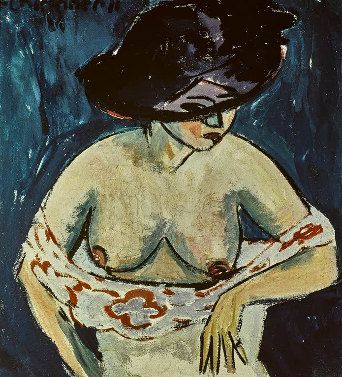 Oberkörperakt einer Frau mit schwarzem Hut vor blaugrünem Grund – Ernst Ludwig Kirchner Frau mit Hut Kunstkopie