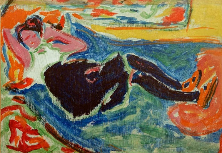 Liegende Frau in schwarzen Strümpfen auf Blaugrün – Ernst Ludwig Kirchner Frau mit schwarzen Strümpfen Kunstkopie