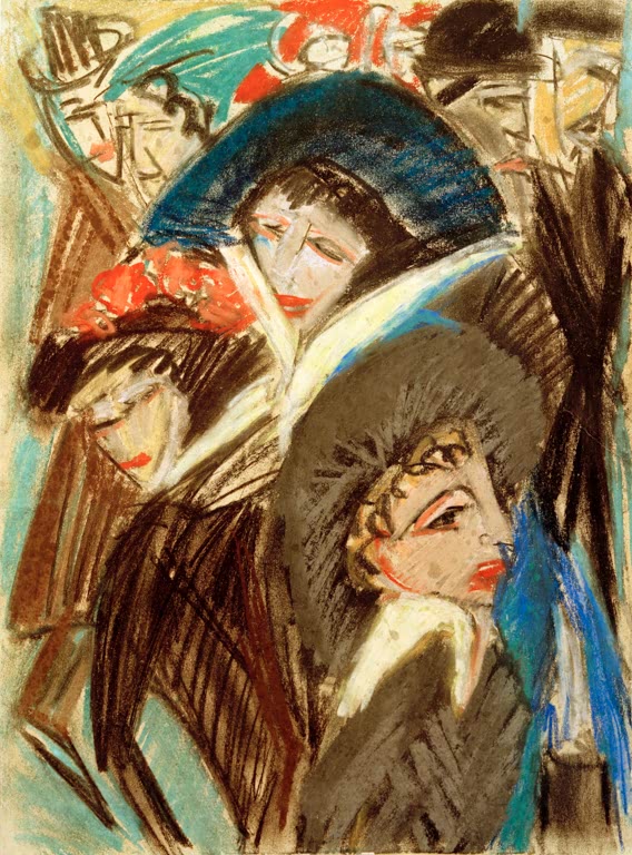 Elegante Frauen mit großen Hüten und Pelzen im Gedränge – Ernst Ludwig Kirchner Frauen auf der Straße Kunstkopie