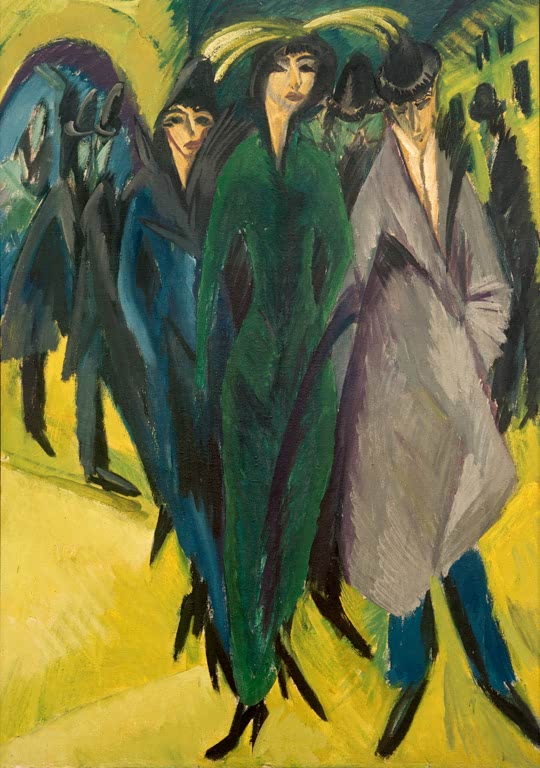 Gruppe von Frauen in grünem und grauem Mantel auf gelber Straße – Ernst Ludwig Kirchner Frauen auf der Straße Kunstkopie