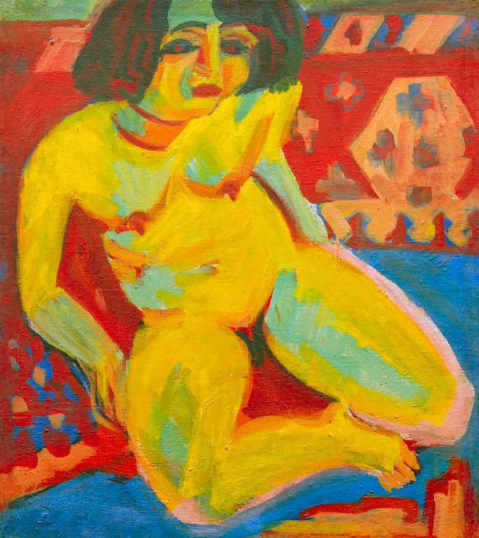 Gelb leuchtender weiblicher Akt sitzt vor rotem Muster und blauer Decke – Ernst Ludwig Kirchner Frauenakt Dodo Kunstkopie