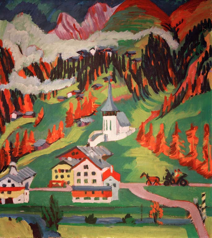 Dorf mit Kirche im grünen Tal unter rot gefärbten Bergwäldern – Ernst Ludwig Kirchner Frauenkirch im Herbst Kunstkopie