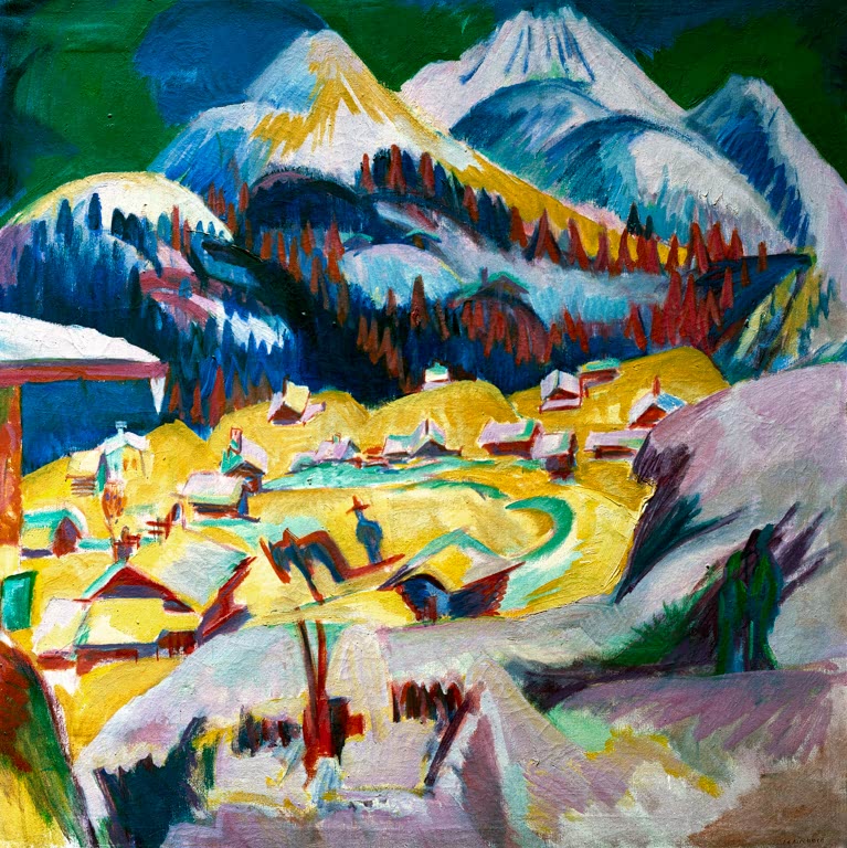 Schneebedeckte Berge, Wald und gelbe Talwiesen mit Häusern – Ernst Ludwig Kirchner Frauenkirch im Winter Kunstkopie