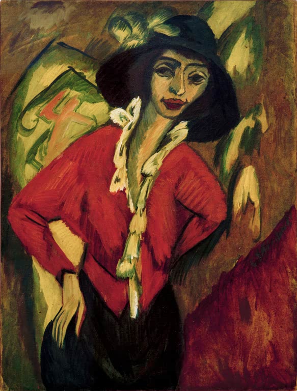Frau mit schwarzem Hut und rotem Jäckchen, Hände in den Hüften – Ernst Ludwig Kirchner Frauenkopf Gerda Kunstkopie
