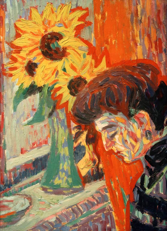 Gesenkter Frauenkopf neben Sonnenblumen in einer Vase – Ernst Ludwig Kirchner Frauenkopf vor Sonnenblumen Kunstkopie