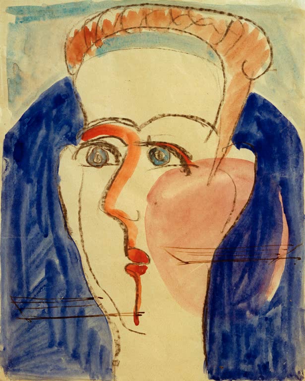 Aquarellierter Frauenkopf mit orangem Haarschopf und blauem Haar – Ernst Ludwig Kirchner Frauenkopf Kunstkopie