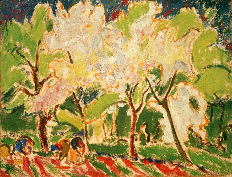Blühende Obstbäume im Frühling, unten bücken sich Menschen – Ernst Ludwig Kirchner Frühlingslandschaft Kunstkopie
