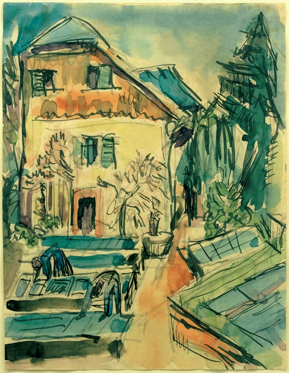 Gelbes Haus mit Garten, Treibhäusern und dunkelgrünen Bäumen – Ernst Ludwig Kirchner Gärtnerei Kunstkopie