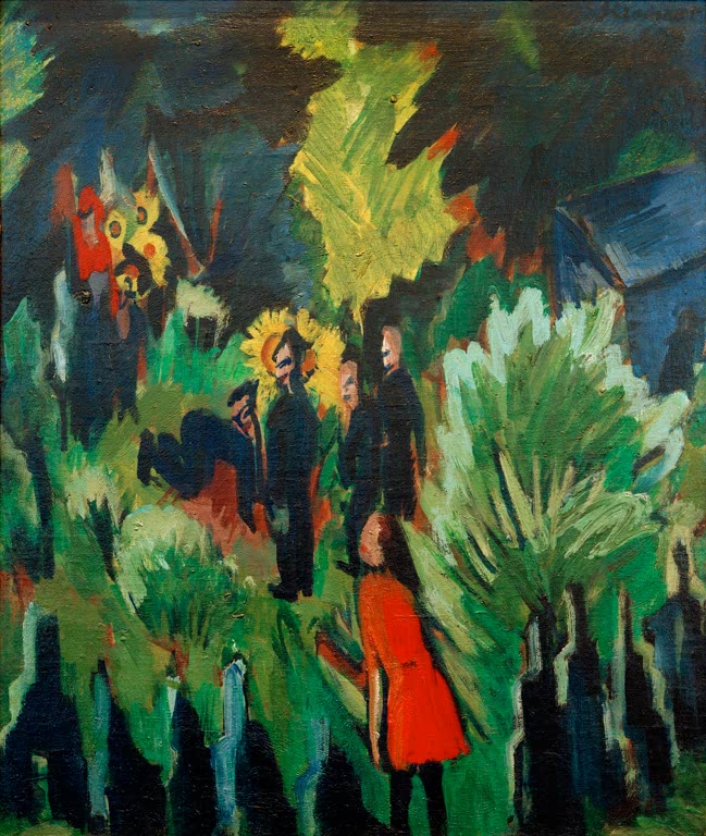 Dunkler Garten mit Büschen, Sonnenblumen und Figur in rotem Mantel – Ernst Ludwig Kirchner Garten Graef in Jena Kunstkopie