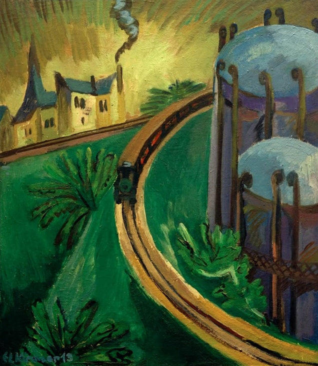 Ernst Ludwig Kirchner Gaskessel und Vorortsbahn Kunstkopie, Zug auf Gleisen vor blauen Gasometern und Vorstadthäusern