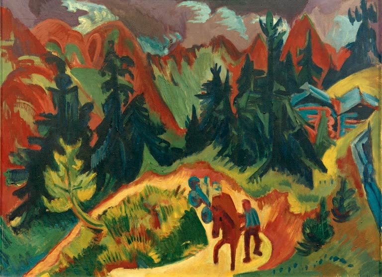 Zwei Wanderer mit Lastpferd auf gelbem Weg durch Tannenwald – Ernst Ludwig Kirchner Gebirgslandschaft Kunstkopie