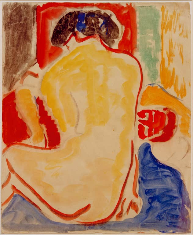 Weiblicher Rückenakt in warmem Gelb mit roten und blauen Flächen – Ernst Ludwig Kirchner Gelber Rückenakt Kunstkopie