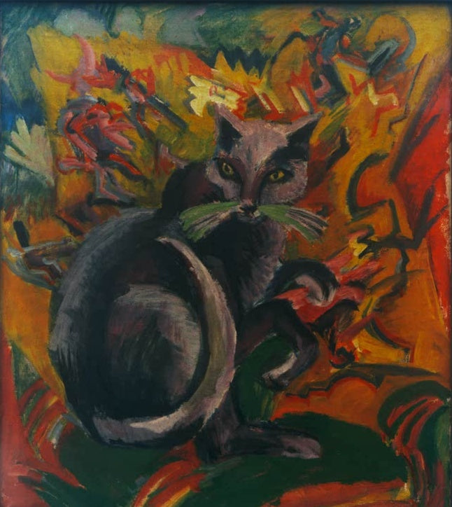 Grauer Kater auf einem Kissen vor bunt gemustertem Hintergrund – Ernst Ludwig Kirchner Grauer Kater auf Kissen Kunstkopie