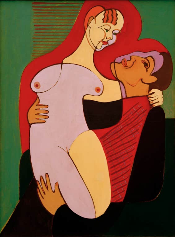 Nackte Frau wird von einem Mann umarmt, rote Rahmenform vor Grün – Ernst Ludwig Kirchner Großes Liebespaar Kunstkopie