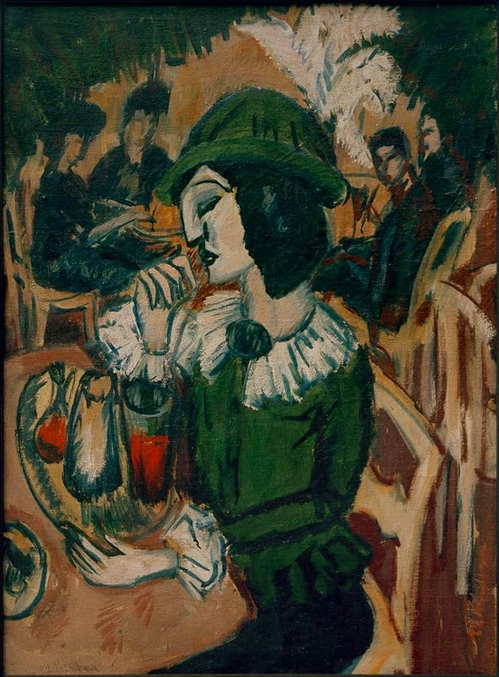 Frau mit grünem Hut und Federn an einem Tisch im Gartencafé – Ernst Ludwig Kirchner Grüne Dame im Gartencafé Kunstkopie