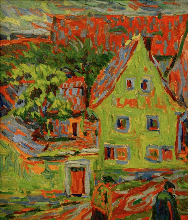 Hellgrünes Haus mit Giebel zwischen Bäumen, davor zwei Gestalten – Ernst Ludwig Kirchner Grünes Haus Kunstkopie