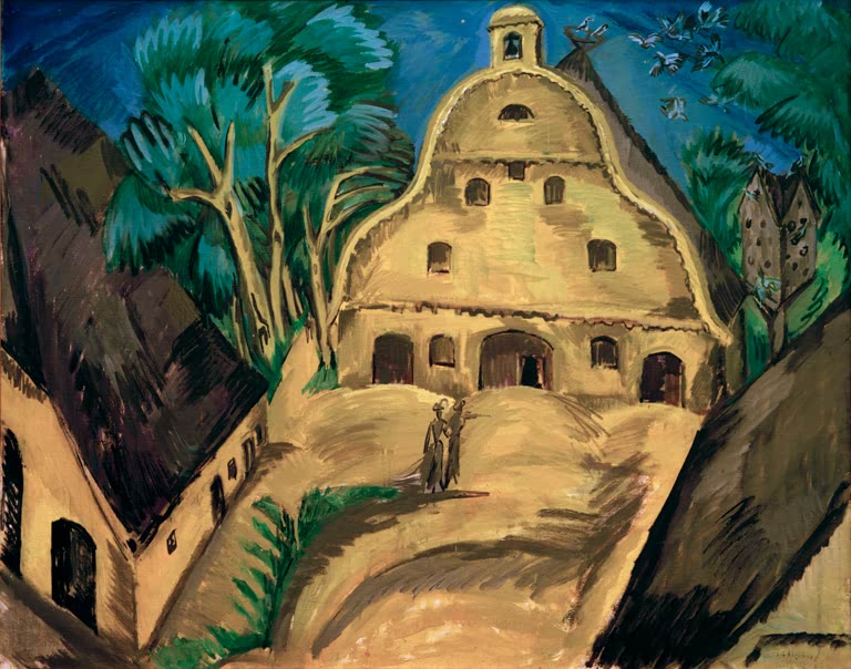 Großer Gutshof mit Kuppelgiebel, zwei Gestalten davor – Ernst Ludwig Kirchner Gut Staberhof auf Fehmarn I Kunstkopie
