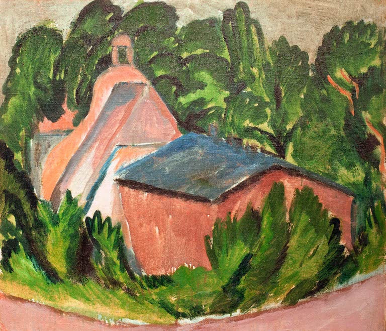 Rosa Gutshaus und Scheune zwischen dichten grünen Büschen – Ernst Ludwig Kirchner Gut Staberhof Kunstkopie