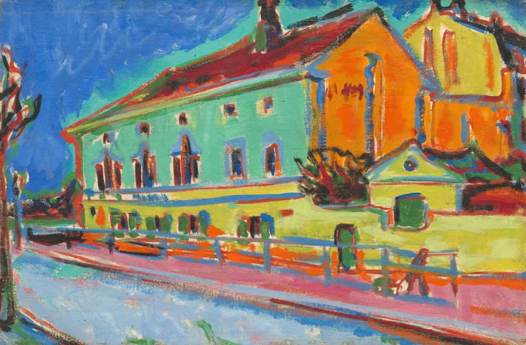 Grünes Haus mit orangefarbenem Dach an einer Straße unter blauem Himmel – Ernst Ludwig Kirchner Häuser in Dresden Kunstkopie