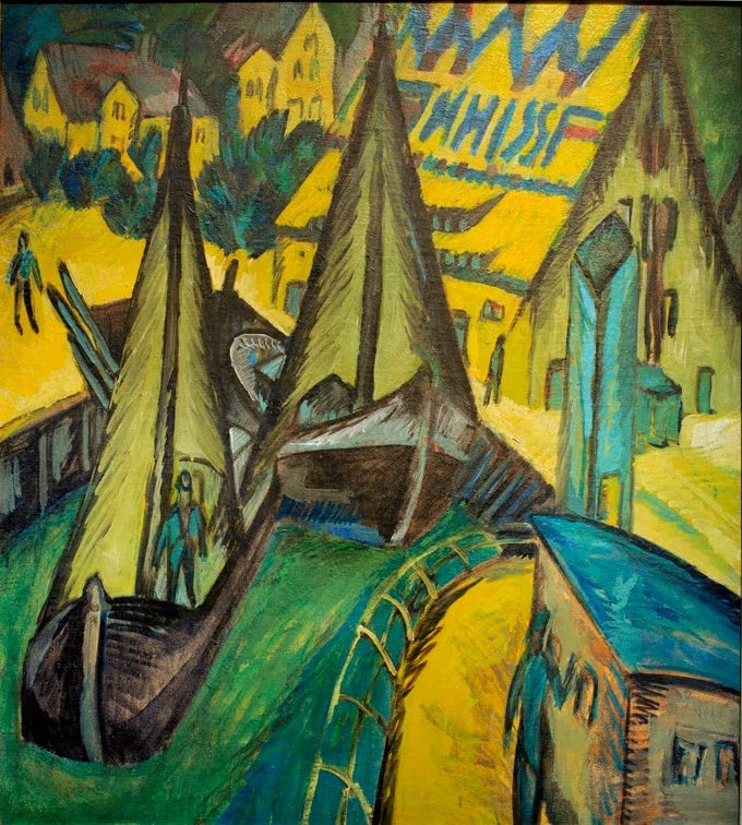 Segelboote im Hafen vor gelben Häusern, in kräftigem Grün und Gelb – Ernst Ludwig Kirchner Hafen von Burgstaaken Kunstkopie