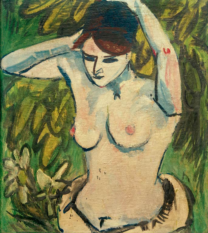 Halbakt einer Frau mit erhobenem Arm vor grünem Laub – Ernst Ludwig Kirchner Halbakt mit erhobenen Armen Kunstkopie