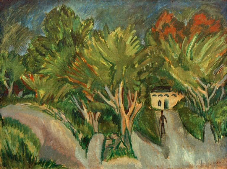 Kleines helles Haus zwischen Bäumen, davor ein Weg mit Figur – Ernst Ludwig Kirchner Haus unter Bäumen (Fehmarn) Kunstkopie
