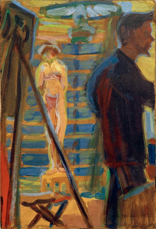 Maler an der Staffelei, dahinter ein stehendes Aktmodell – Ernst Ludwig Kirchner Heckel und Modell im Atelier Kunstkopie