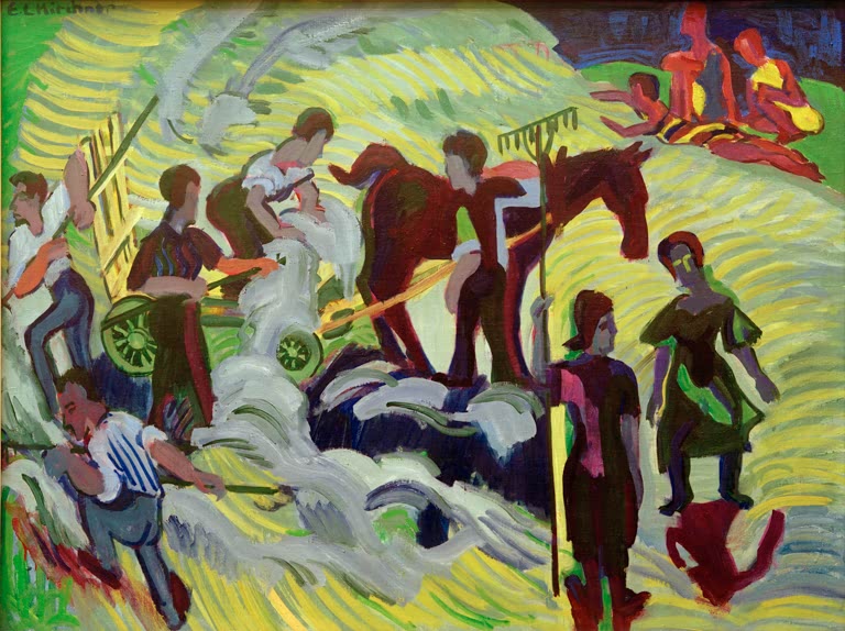 Bauern und Mägde mit Rechen und Pferd auf gelbgrüner Wiese – Ernst Ludwig Kirchner Heuernte Kunstkopie