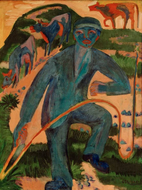 Hirte in blauer Jacke mit langer Peitsche vor Kühen – Ernst Ludwig Kirchner Hirte mit langer Peitsche Kunstkopie