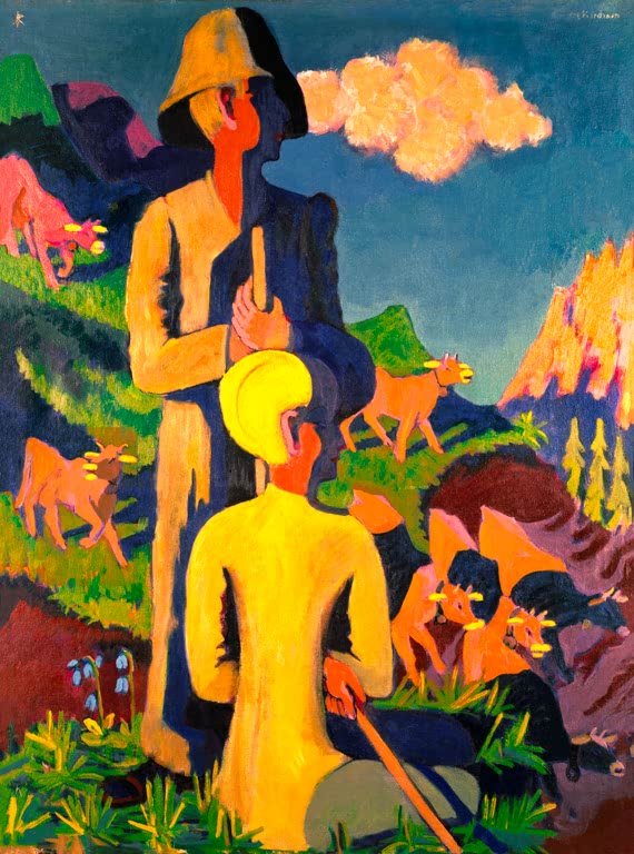 Zwei Hirten in Gelb mit Kühen vor Bergen am Abend – Ernst Ludwig Kirchner Hirten am Abend Kunstkopie