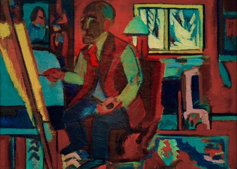Sitzender Maler an der Staffelei in rot-blauem Atelier – Ernst Ludwig Kirchner Holländer im Atelier Kunstkopie