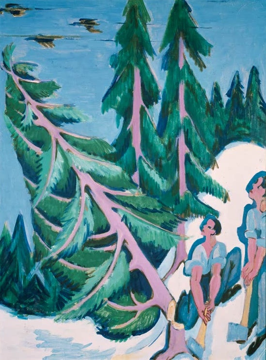 Zwei Holzfäller mit Äxten neben gefällten Tannen im Schnee – Ernst Ludwig Kirchner Holzfäller Kunstkopie
