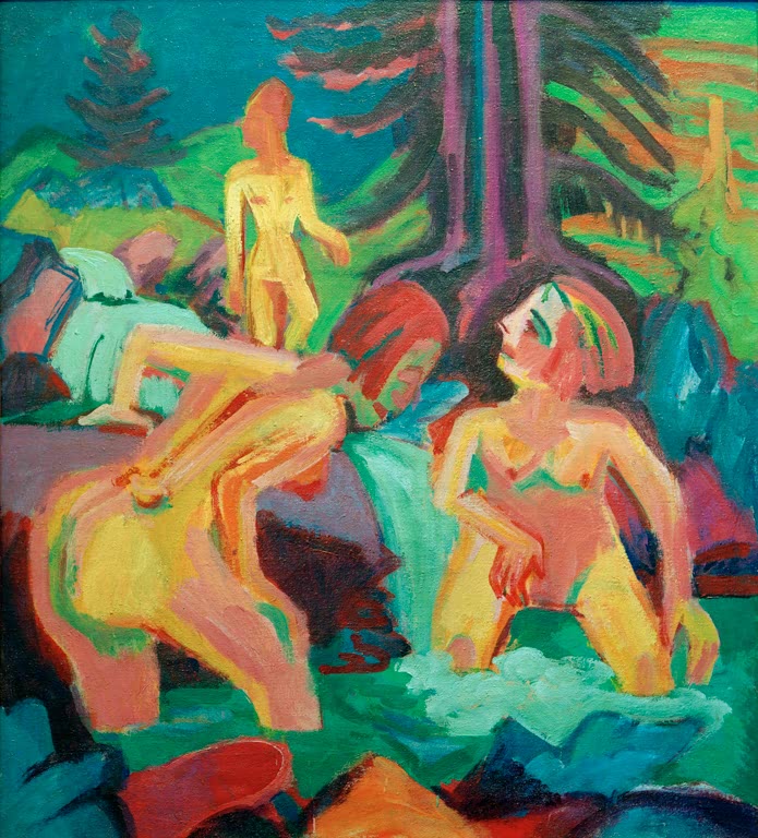 Akte am Wasser zwischen Felsen und Tannen – Ernst Ludwig Kirchner Im Bergbach badende nackte Frauen Kunstkopie