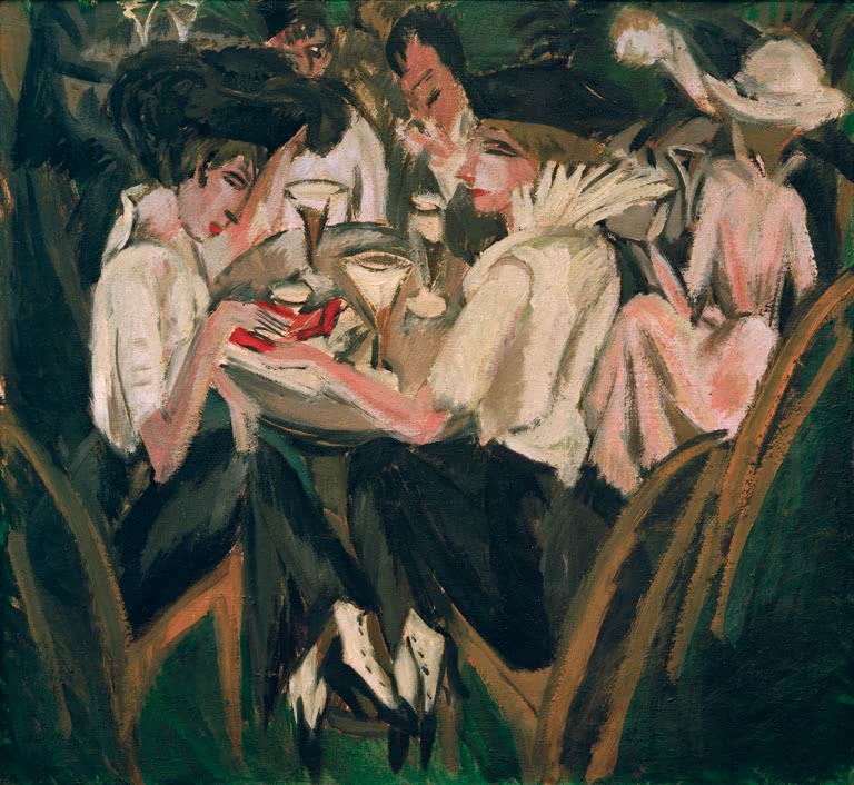 Frauen in weißen Blusen mit großen Hüten an einem Gartentisch – Ernst Ludwig Kirchner Im Cafégarten Kunstkopie