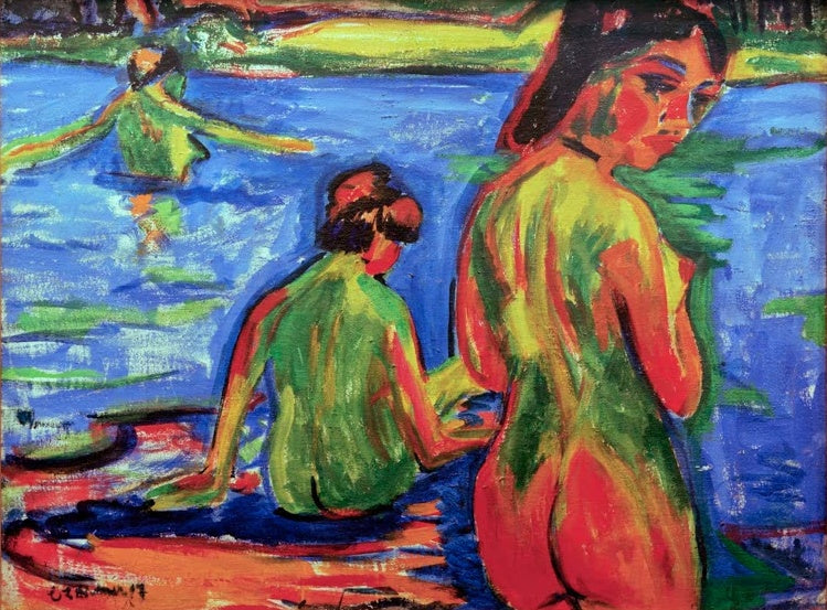 Nackte Mädchen am blauen See, ein drittes schwimmt dahinter – Ernst Ludwig Kirchner Im See badende Mädchen Kunstkopie