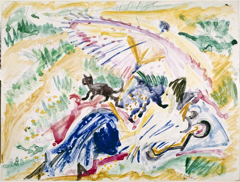 Bunte Farbstriche in Blau, Gelb und Grün mit schwarzer Katze – Ernst Ludwig Kirchner Im Sonnenbad Kunstkopie