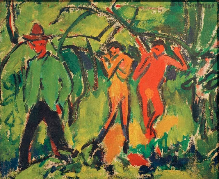 Drei Figuren in Grün, Orange und Rot zwischen Waldbäumen – Ernst Ludwig Kirchner Im Wald Kunstkopie