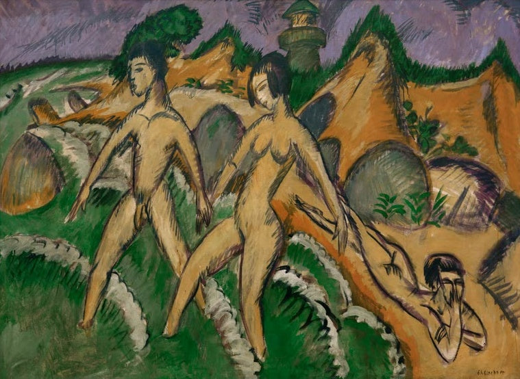 Nackte Figuren schreiten über grüne Dünen mit Leuchtturm zum Meer – Ernst Ludwig Kirchner Ins Meer Schreitende Kunstkopie