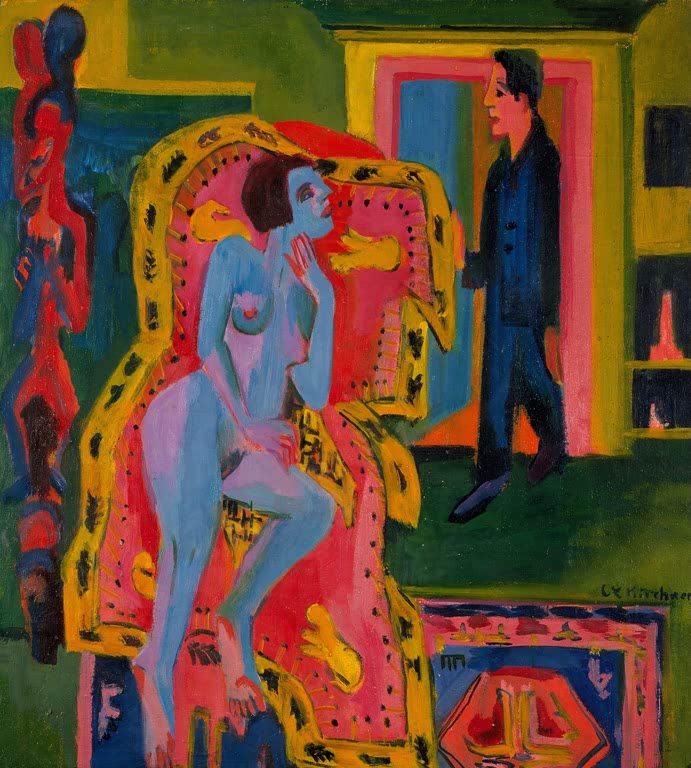 Blauer Frauenakt im gemusterten Sessel, rechts ein Mann – Ernst Ludwig Kirchner Interieur mit nackter Liegender Kunstkopie