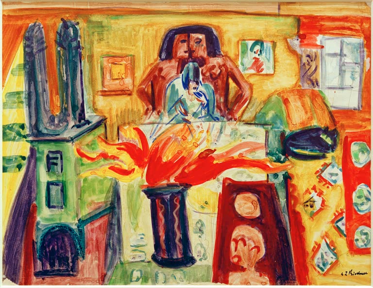 Buntes Zimmer mit grünem Ofen, rotem Feuer und Figuren – Ernst Ludwig Kirchner Interieur mit Tulpen Kunstkopie